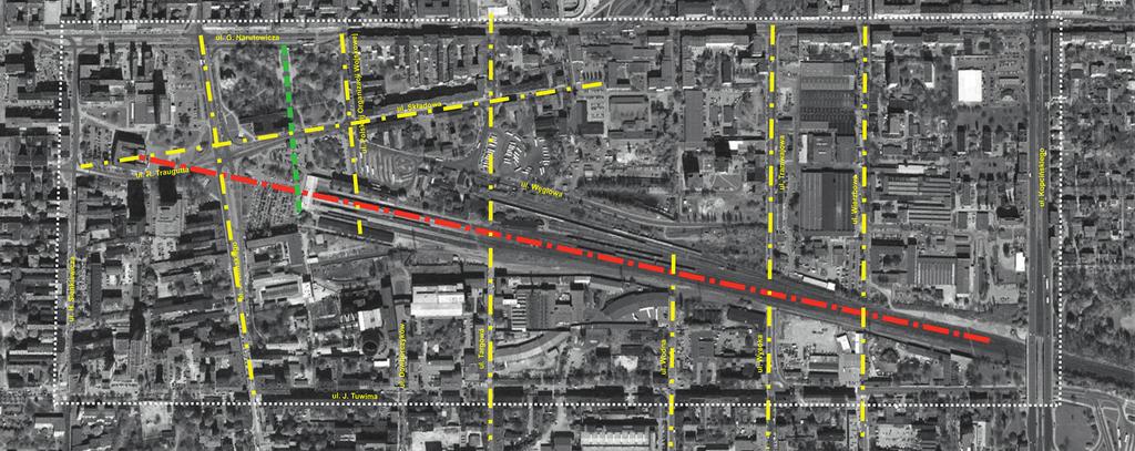 Analiza funkcjonalna 69 oś ciągu komunikacji kolejowej z dworcem Łódź Fabryczna oś parku St. Moniuszki osie ulic: J. Kilińskiego, Polskiej Organizacji Wojskowej, Dowborczyków, W.