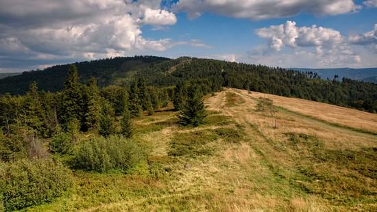 ..podczas testów plecaka, tu widok na Stołów, oraz dalej pasmo Klimczoka i Szyndzielni, ze szczytu Błatniej, na pierwszym planie hala na Blatniej 18.08.