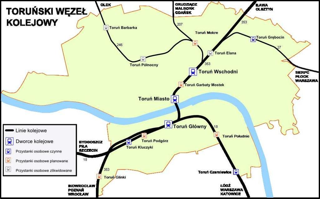 1.2.2 Sieć kolejowa Rysunek 3: Sieć dróg w Toruniu [źródło: Mapa akustyczna miasta Torunia] Toruń jest znaczącym węzłem kolejowym, przez który przebiega sieć linii kolejowych o znaczeniu państwowym.