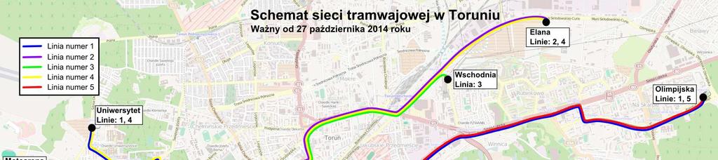 Rysunek 5: Linie tramwajowe w Toruniu [źródło: Mapa akustyczna miasta Torunia] Na terenie Torunia funkcjonuje pięć linii tramwajowych dziennych i dwie nocne Tabela 3: Linie tramwajowe w Toruniu Nr