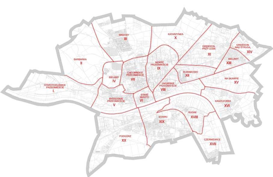 Rysunek 2: Podział Torunia na jednostki urbanistyczne [źródło: SUiKZP Torunia] Rozkład liczby mieszkańców i zaludnienie na poszczególnych jednostkach urbanistycznych przedstawia tabela 1.