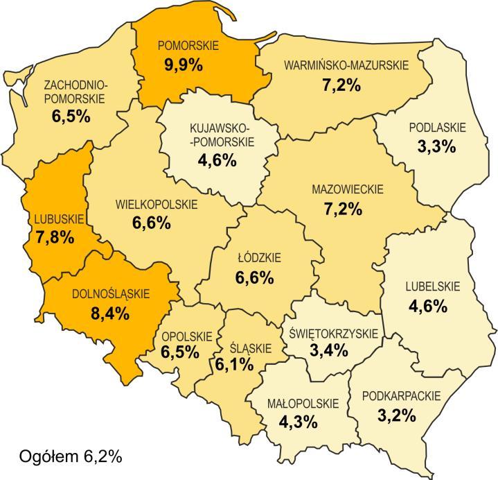 4 Przeciętne poparcie dla Nowoczesnej w skali całego kraju wynosiło w analizowanym okresie 6,2%. Zróżnicowania w terytorialnym rozkładzie poparcia dla Nowoczesnej okazały się niezbyt duże.