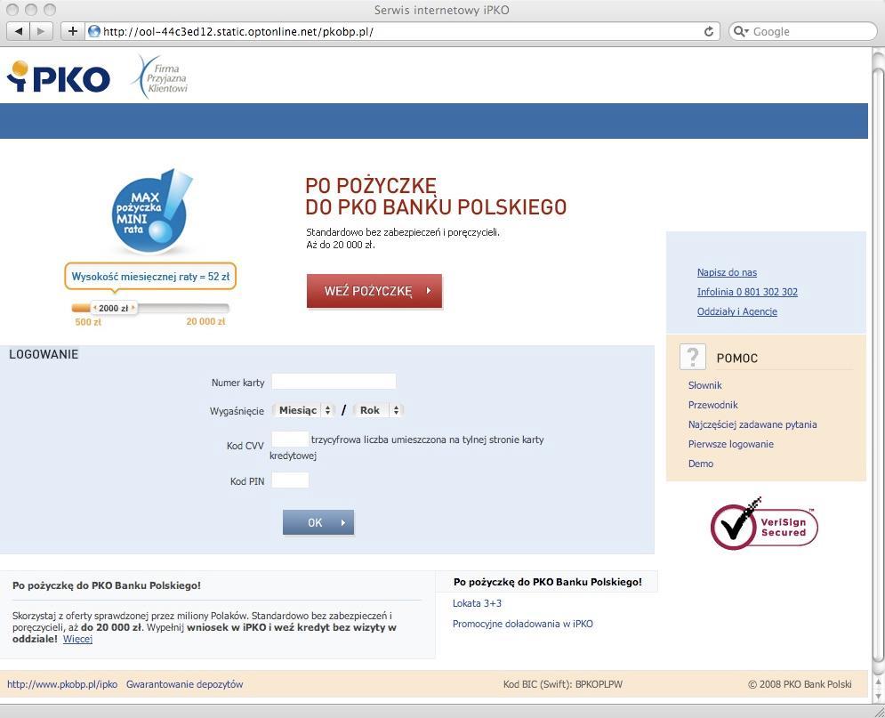 Rys. 3 Sfałszowana strona internetowa banku PKO BP miała wyłudzać numery kart kredytowych, oraz ich kody CVV oraz PIN.