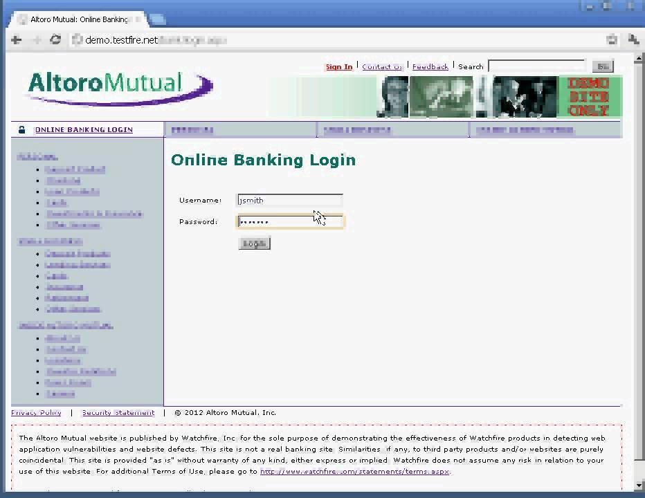Przykład AltoroMutual Bank strona
