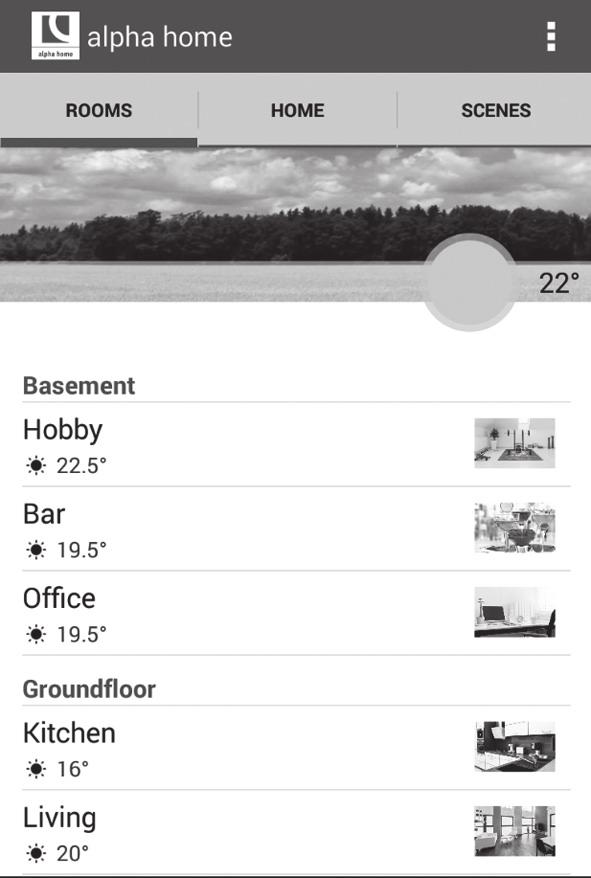 W tym pomieszczeniu aktywna jest odpowiednia scena. Ekran startowy daje wgląd w pomieszczenia, umożliwia bezpośrednią zmianę temperatur (pokrętłem) oraz włączanie i wyłączanie scen.