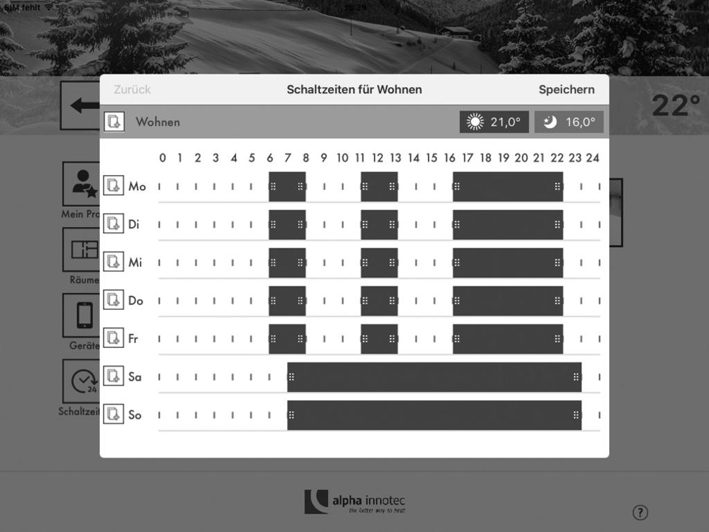 Edycja programów czasowych 1 2 5 3 4 Pole Programy czasowe 1 Ustawianie temperatury komfortowej (dziennej) 2 Ustawianie temperatury obniżania (nocnej) 3 Program czasowy Aktywna temperatura komfortowa