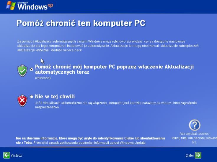 Wybierz przycisk zaznaczenia Pomóż chronić ten komputer PC: włącz Aktualizacje automatyczne Kliknij