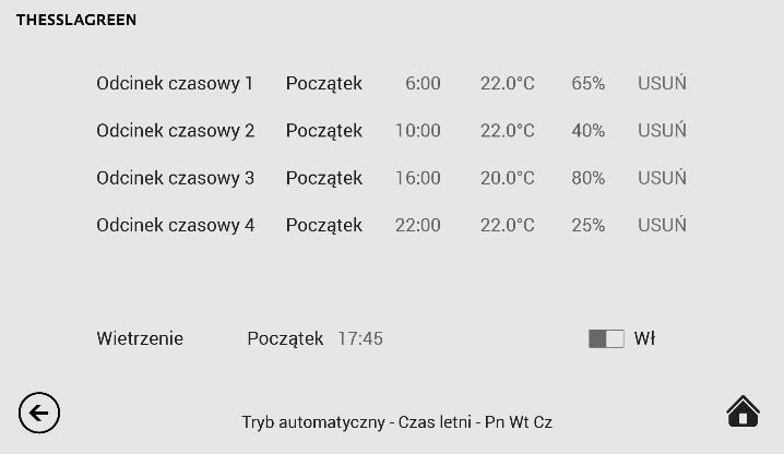 czasowe, a także aktywować funkcję Wietrzenie dla wybranych dni tygodnia. C. Na ekranie TRYBY PRACY wybierz pole Tryb automatyczny. G.