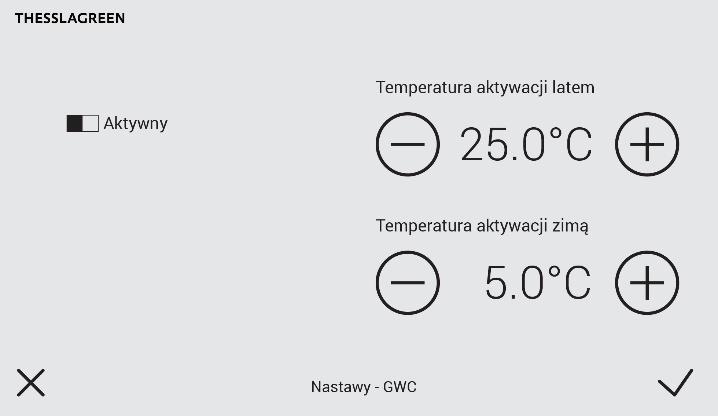 12.9. Gruntowy wymiennik ciepła Użytkownik ma możliwość ustawienia czterech parametrów związanych z pracą gruntowego wymiennika ciepła (GWC): Aktywności GWC.