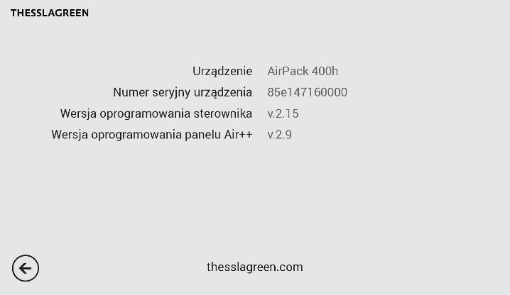 5. Ekran z informacjami o urządzeniu Model urządzenia, numer seryjny urządzenia, wersja oprogramowania sterownika GT oraz wersja oprogramowania panelu dotykowego zamieszczone są na ekranie INFO.