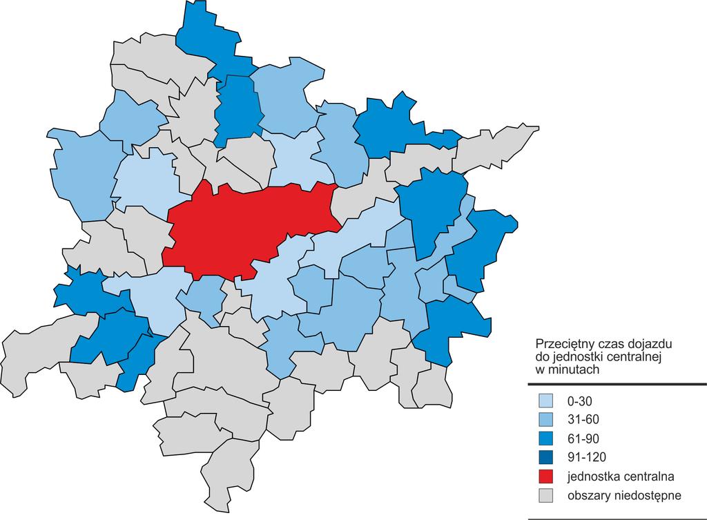 4 USŁUGI PUBLICZNE znaczny teren południowej części KOM, zupełnie niedostępny koleją, a także podobny, aczkolwiek obszarowo mniejszy w jego północnej części i trzeci, najmniejszy na północnowschodnim