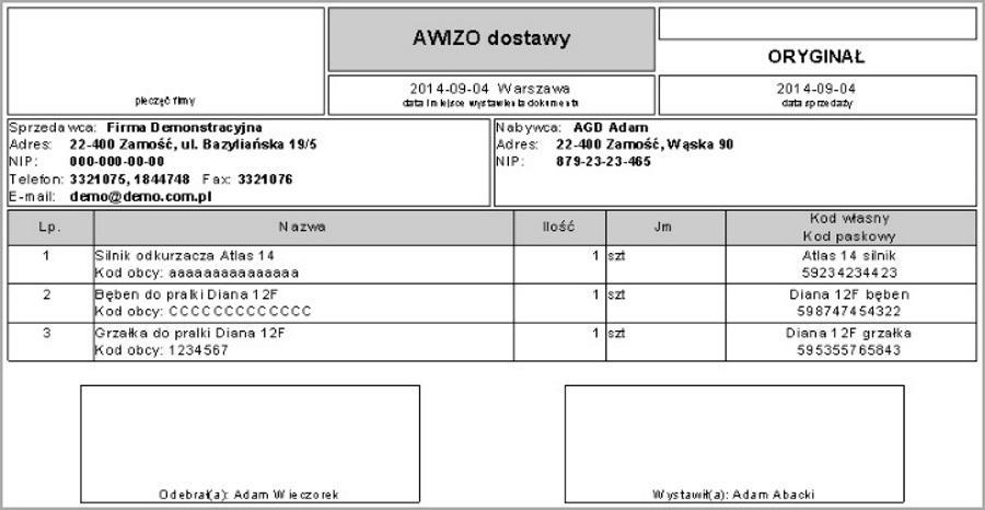 Wydruk AWIZO dostawy Na oknie wydruku z listy rozwijanej wybieramy dla awizo dostawy: "Dokument VAT I -