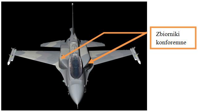 Uzbrojenie samolotu F-16 Rys. 3. Zbiorniki konforemne samolotu F-16 Silnik samolotu charakteryzuje się olbrzymim ciągiem (129 kn), przy tym niskim zużyciem paliwa, które wynosi mniej niż 3000 kg/godz.