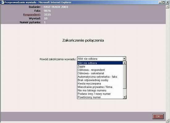 System CATI-SUPPORT informuje na bieżąco o aktualnie zrealizowanej liczbie wywiadów. W trakcie badania ankieter może otrzymywać informacje o stanie zaawansowania badania.