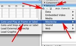 33) Przejdź do klatki 55 i w palecie Behavior dodaj akcję MovieClip -> Goto and Play Frame or Label. Następnie klikając w OK potwierdź domyślną wartość równą 1.