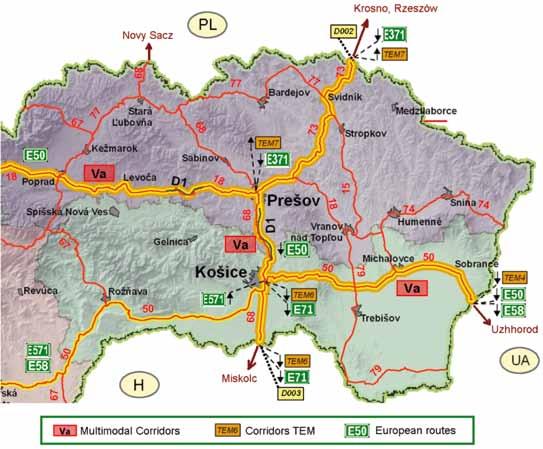 Obrázok 1 Medzinárodné cestné ťahy Nižšie vymenované medzinárodné cestné ťahy koridory prechádzajú územím Východného Slovenska (Obrázok 1 - medzinárodné cestné ťahy): Z hľadiska cestných koridorov