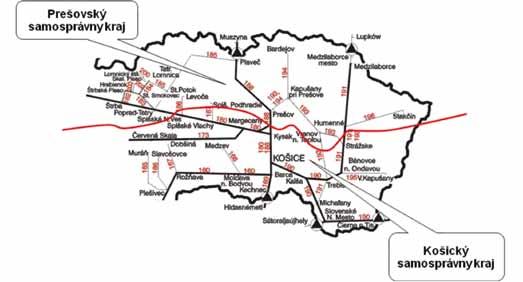 Obrázok 6 Železnice v regióne Východného Slovenska V regióne sa nachádza 16 železničných tratí o dĺžke 895 km NR z toho 250 km je dvojkoľajných tratí a 458 km elektrifikovaných železničných tratí, ŠR