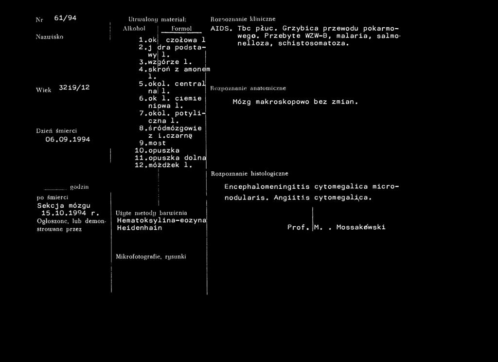 Nr 61/94 Nazwisko W iek 32i9/12 Dzień śmierci 06.09.1994 Sekcjonowany Utrwalony materiał: Rozpoznanie kliniczne Alkohol Formol AIDS. Tbc płuc. Grzybica przewodu pokarmowego.
