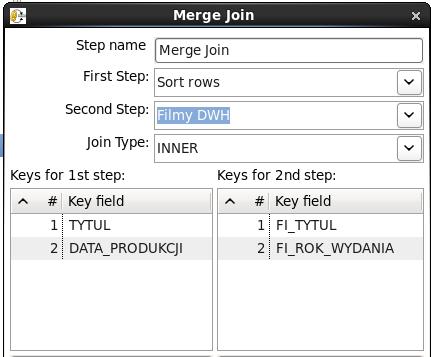 d. Teraz możemy połączyć oba strumienie danych. Dodajmy komponent Merge Join z katalogu Join i połączmy go z naszymi strumieniami danych. e.