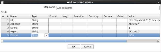 b. Następny krok wykorzystamy do zdefiniowania wartości większości potrzebnych parametrów wywołania usługi RESTful. Dodajmy do naszej transformacji krok Add co