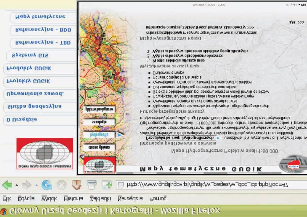 Hydroinformacja w infrastrukturze informacji przestrzennej 167 Ryc. 8. Serwis informacyjny Mapy Tematyczne Głównego Urzędu Geodezji i Kartografii (http://gugik.gov.pl; http://serwisy.codgik.gov.pl/temap/hydro.