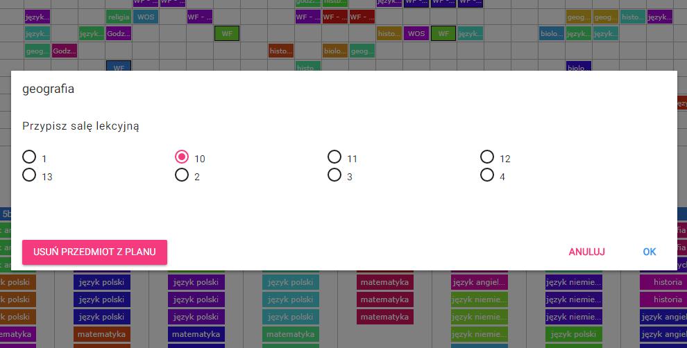 Klikając karte umieszczoną w planie lekcji możeszesz przypisac salę lekcyjną do wybranych zajęć. 6.