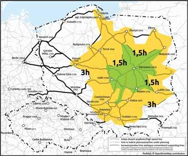 a Rys. 3. Dostępność aglomeracji z Warszawy: a) po realizacji Krajowego Programu Kolejowego po 2023 r. b) po utworzeniu systemu kolei dużych prędkości w Polsce [7]. Opr. T.