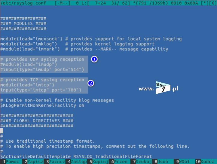 17 (Pobrane z slow7.pl) Module(load="imtcp"), Input(type="imtcp" port="700") W ćwiczeniu dodatkowo zamieniono domyślny port 514 na port 700.