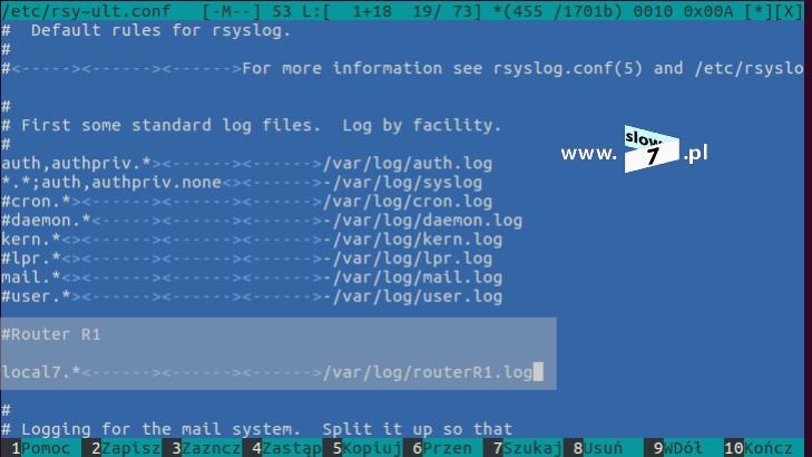 9 (Pobrane z slow7.pl) Serwer Syslog został skonfigurowany prawidłowo, przejdźmy zatem do konfiguracji routera R1 i jego współpracy z mechanizmem Syslog.