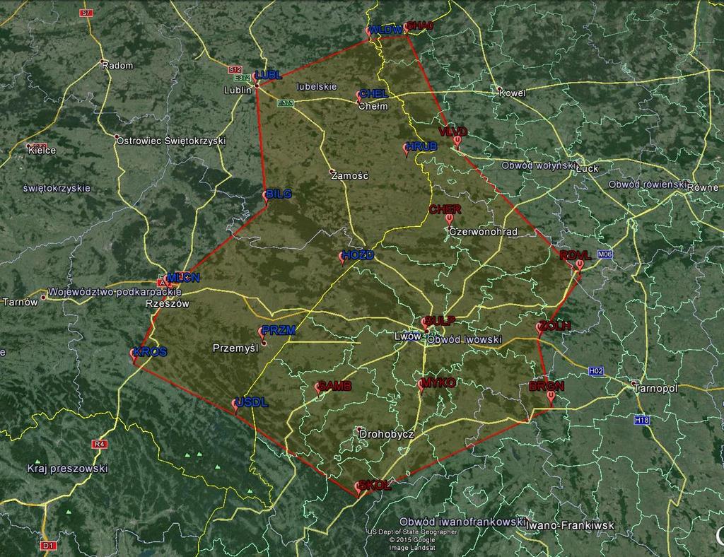 Stacje w strefie przygranicznej Polski (ASG-EUPOS) i Ukrainy (GeoTerrace) Wybrano: Polska 11 stacji Ukraina - 10