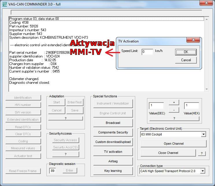 Rys. 8 - program CAN-Commander - aktywacja TV MMI. Gerantz Polska s.