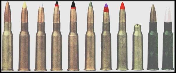 Amunicja karabinowa 7.62 x 54R 1 2 3 4 5 6 7 8 9 10 11 1. 7.62mm nabój karabinowy z pociskiem lekkim L (pocisk niemalowany) 2. 7.62mm nabój karabinowy z pociskiem ciężkim (w. żółty) 3. 7.62mm nabój karabinowy z pociskiem z rdzeniem stalowym ŁPS (w.
