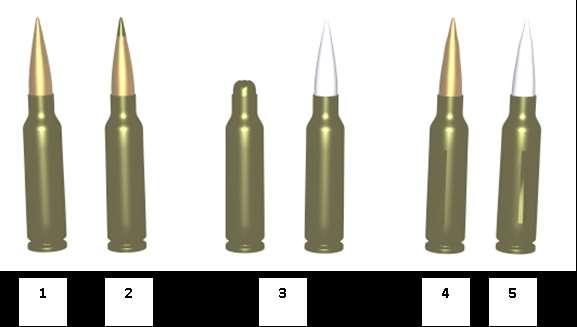 Amunicja pośrednia wz.43 7.62 x 39 mm 1. 7,62mm nabój wz.43 z pociskiem z rdzeniem zwykłym PS 2. 7,62mm nabój wz.43 z pociskiem smugowym T-45 (w. zielony) 3. 7,62mm nabój wz.43 z pociskiem przeciwpancerno-zapalającym BZ (w.