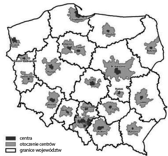 Relacje centrum-otoczenie w obszarze funkcjonalnym aglomeracji poznańskiej 97 centra otoczenie centrów granice województw Rysunek 3.