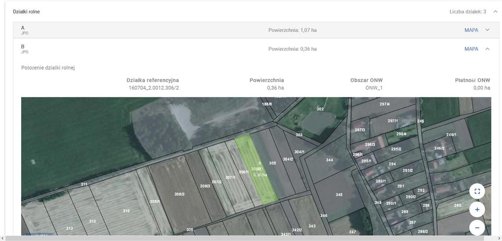 Dla każdej działki rolnej będzie prezentowana mapa z jej geometrią (w zakładce Wniosek) * Zrzuty ekranowe