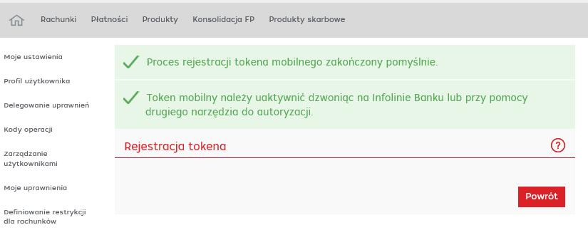 Potwierdzeniem pomyślnej rejestracji tokena mobilnego będzie komunikat systemowy KONTAKT W