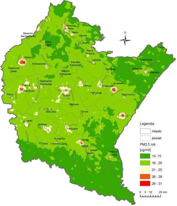 Rysunek 13. Średnioroczny rozkład pyłów PM 2,5 w województwie podkarpackim w 2016 r.