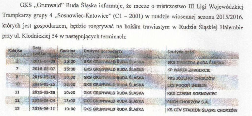 Parafialny Klub Sportowy JÓZEFKA Chorzów informuje o zmianach w terminach meczy ligowych sezonu 2015/2016 (runda wiosenna) których jesteśmy gospodarzami, rozgrywanych przez zespoły naszego klubu na