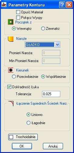 W sekcji Naroże okna Parametry Konturu wybrać opcję Gładko. W sekcji Łączenie Sąsiednich Ścieżek Narzędzia, wybrać Łagodnie.