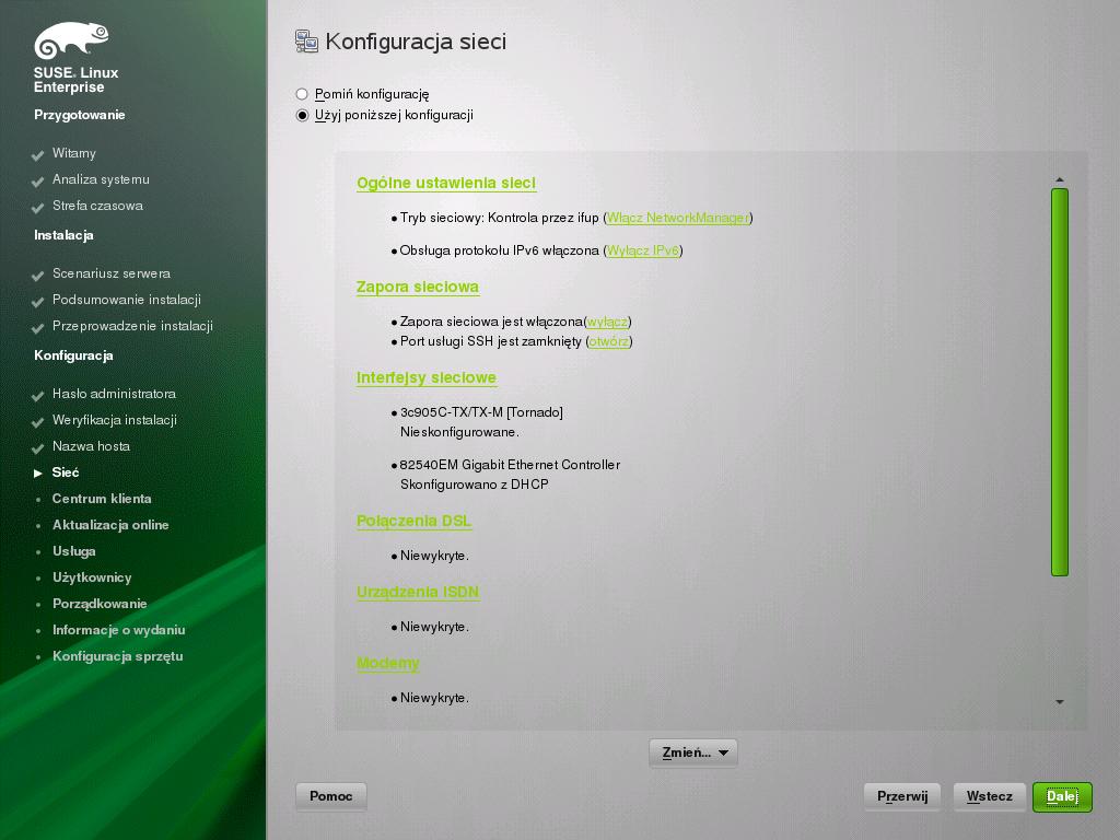 z Internetem. Ta opcja powoduje także sprawdzenie najnowszych informacji o wydaniu produktu SUSE Linux Enterprise Server. Proszę kliknąć przycisk Dalej, aby kontynuować. 15.