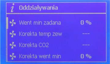 4.2.2 EKRAN AKTYWNYCH WPŁYWÓW NA WENTYLACJĘ INFORMACJA Minimalna wentylacja początkowa: Pokazuje minimalną wentylację bez modyfikacji naniesionych przez wpływy