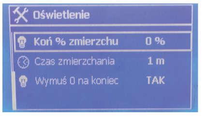 2.2 EKRAN USTAWIEŃ OŚWIETLENIA Menu \ Zegary \ Oświetlenie \ Ustawienia \ Procent początkowy świtania: Ustaw wyjściową wartość procentową (0-10 V), gdy rozpoczyna się świt.