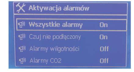 przeszłości. 14.2 EKRAN ALARMÓW Menu \ Alarmy \ Alarmy aktywacja: Dostęp do aktywowania alarmów (zobacz 14.2.1.). Alarmy temperatury: dostęp do alarmów temperatury (patrz 14.2.3.). Alarmy różnicowe: dostęp do alarmów o różnicach temperatur (patrz 14.