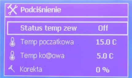 18.1.1 WPŁYWY PODCIŚNIENIA Temperatura zewnętrzna wpływa na podciśnienie, gdy temperatura w pomieszczeniu spada. Aby tego uniknąć, możemy ustalić korektę docelowej temperatury i zmniejszyć efekty.