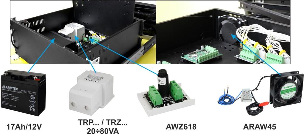5.Wyposażenie dodatkowe: Miejsce na akumulator 17Ah / transformator TRP/TRZ 20 80VA / wentylator