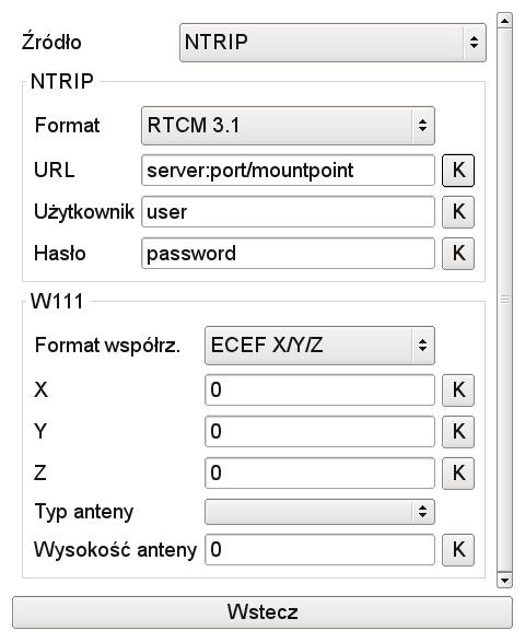 Źródło - pozwala wybrać źródło poprawek dla trybu RTK. Wartość W111 oznacza że podczas pomiaru wykorzystywany będzie drugi odbiornik W111 pracujący jako stacja referencyjna.