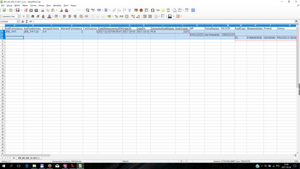 JPK_VAT przygotowanie danych Przygotowanie pliku CSV w arkuszu kalkulacyjnym Uzupełniamy dane własnej firmy