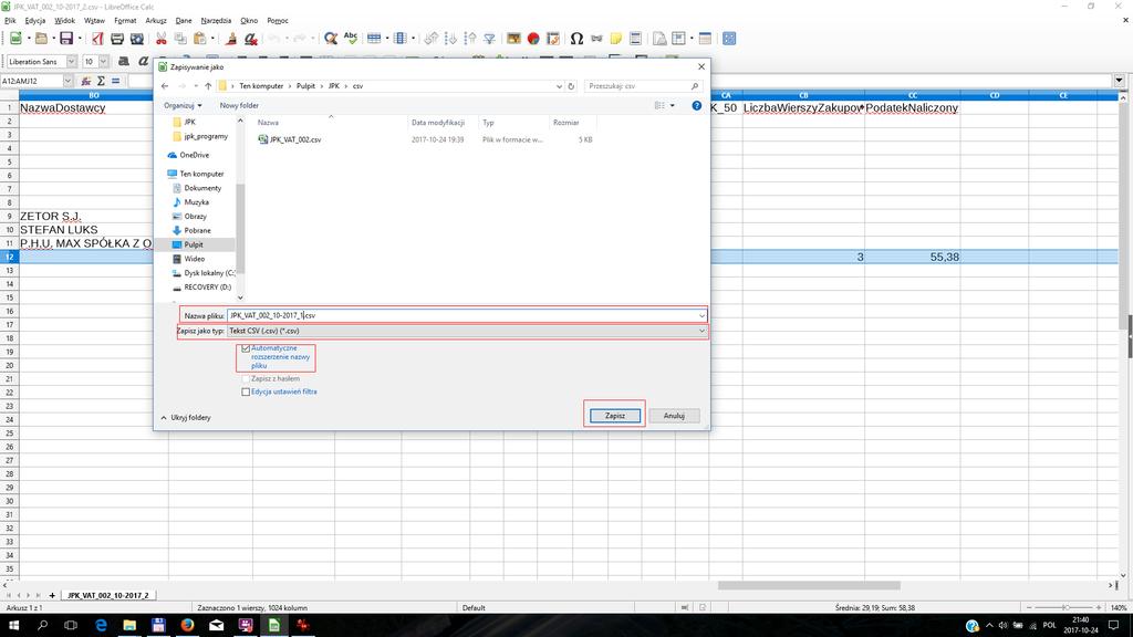 JPK_VAT przygotowanie danych Przygotowanie pliku CSV w arkuszu