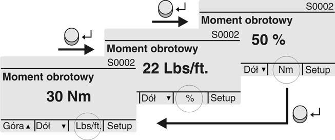 Rysunek 39: Moment obrotowy Zmiana jednostki miary Za pomocą przycisku można zmienić wyświetlaną jednostkę miary (procenty %, niutonometry Nm lub w funtach na stopę Lbs/ft.
