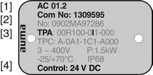 tabliczka KKS Dane identyfikacyjne Rysunek 2: Tabliczka znamionowa napędu [1] Typ i seria napędu [2] Numer komisyjny Rysunek 3: Tabliczka znamionowa